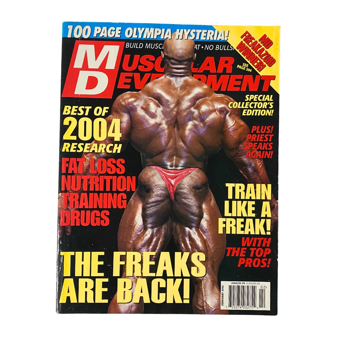 Cover of Muscular Development Magazine February 2005 featuring Markus Rühl on the front. The magazine includes articles on fitness, training, and nutrition from the early 2000s, highlighting bodybuilding culture.