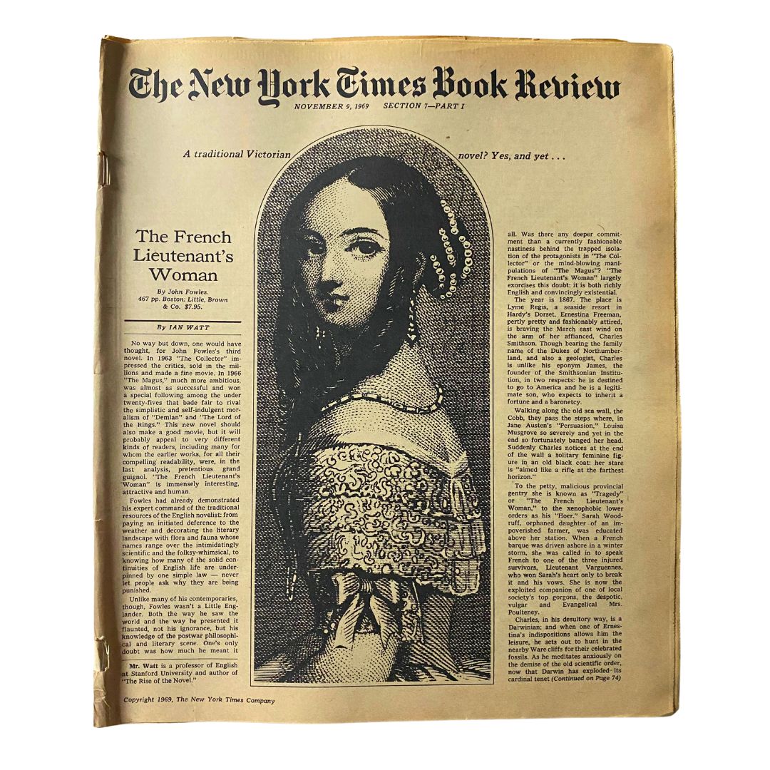 Cover of The New York Times Book Review from November 9, 1969, featuring an article on 'The French Lieutenant's Woman' by John Fowles, including an illustration of a Victorian woman and critiques from literary figures.