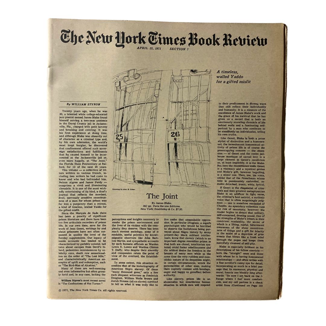 The New York Times Book Review from April 25, 1971, featuring the article 'The Joint' by William Styron, showcasing vintage literary content.