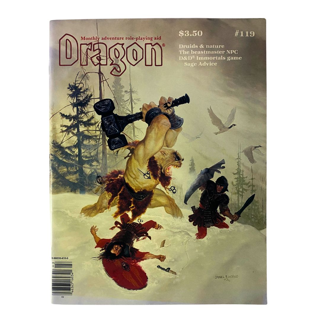 VTG Dragon Magazine March 1987 No. 119 featuring a captivating cover art by Daniel Horne, illustrating a fierce battle scene involving a bear-like creature and armed adventurers, showcasing the essence of fantasy role-playing games.