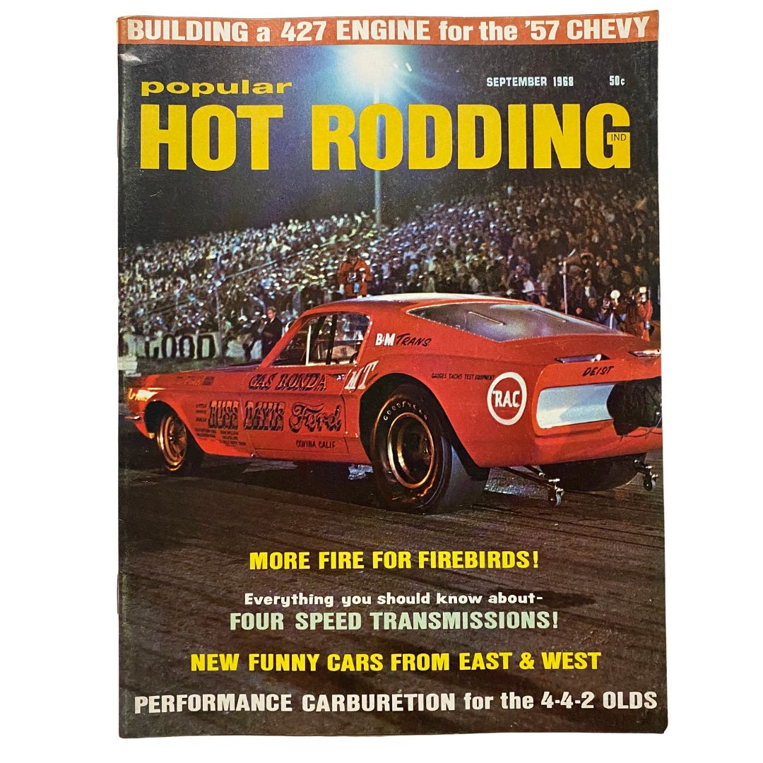 Cover of Popular Hot Rodding Magazine September 1968 featuring Gas Ronda and a drag racing car, showcasing the vibrant world of hot rodding.