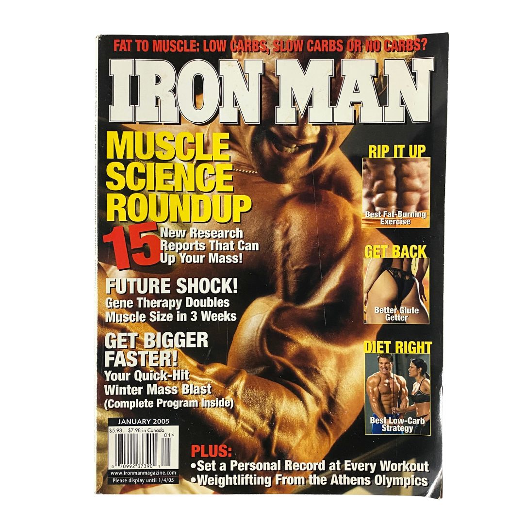 Cover of Iron Man Magazine January 2005 Vol 64 No. 1 featuring a muscular figure, with headlines about muscle science, diet, and fitness tips. This vintage issue includes Craig Titus and Clark Bartram, making it a collector's item for bodybuilding enthusiasts.