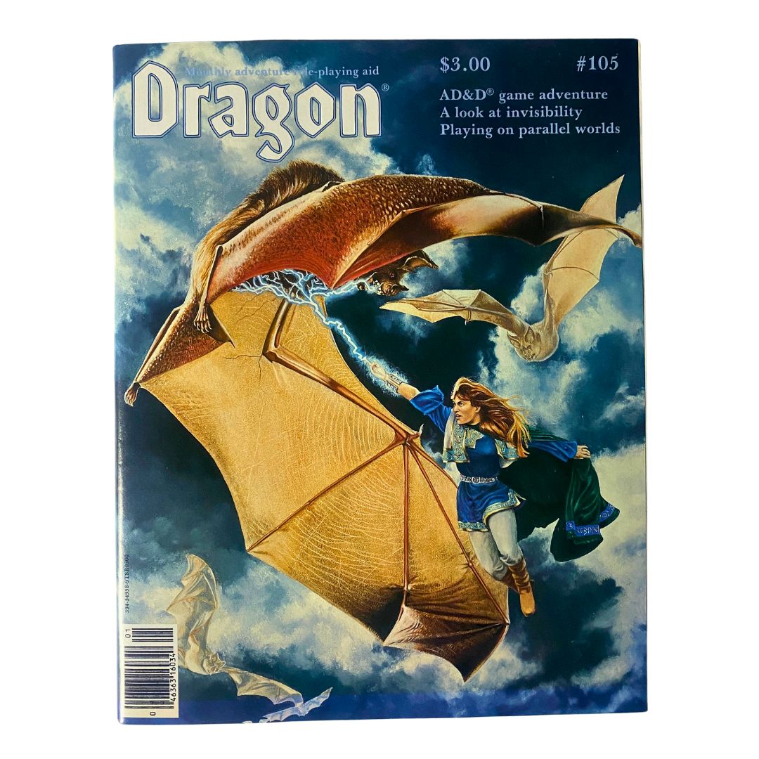 Cover of VTG Dragon Magazine January 1986 #105, featuring artwork by Robin Wood, depicting a fantastical scene with a dragon and a hero.