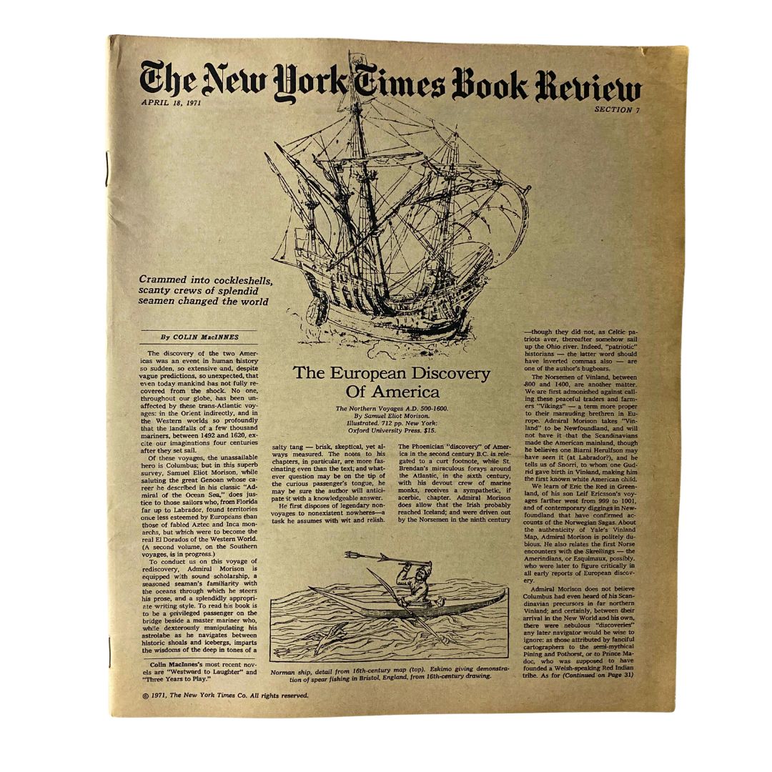 The New York Times Book Review April 18, 1971 cover featuring an illustration of a historic ship and an article titled 'The European Discovery Of America'.