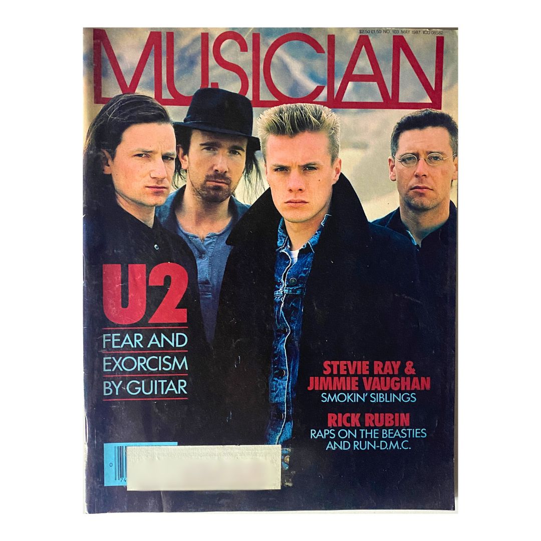Cover of Vintage Musician Magazine May 1987 featuring U2, Stevie Ray Vaughan, and Jimmie Vaughan, showcasing iconic musicians and detailing music history.