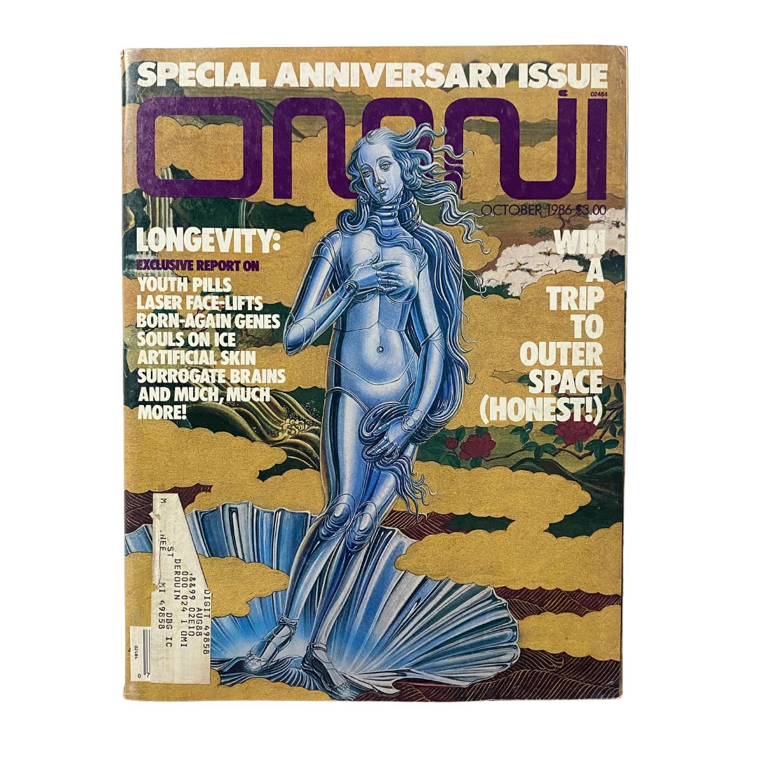 Cover of the October 1986 issue of Omni Magazine featuring a futuristic design, highlighting articles on Youth Pills, Laser Face-Lifts, and Born-Again Genes.