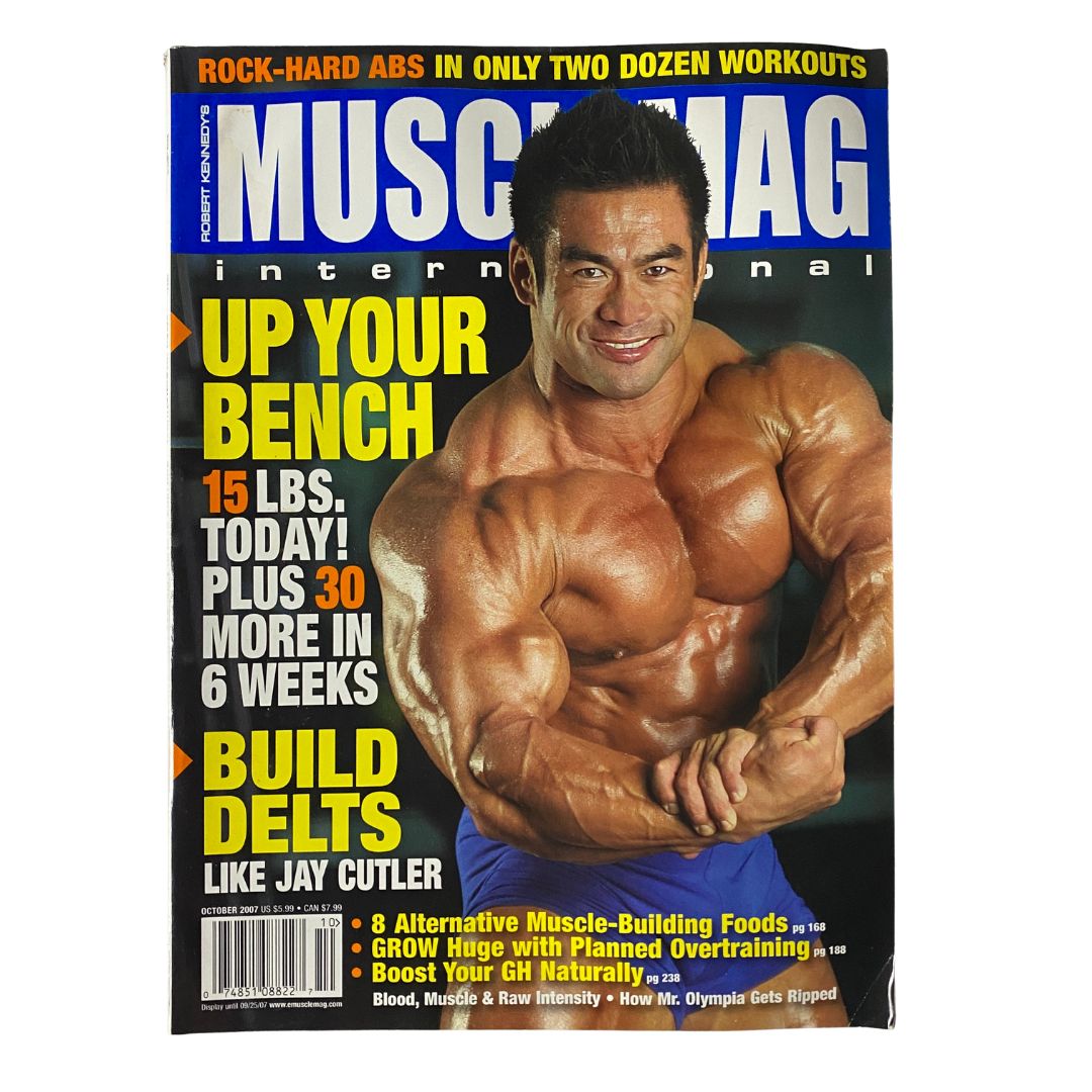 MuscleMag Int'l Magazine October 2007 No. 305 featuring Hidetada Yamagishi on the cover, showcasing fitness tips, muscle-building foods, and workout advice.