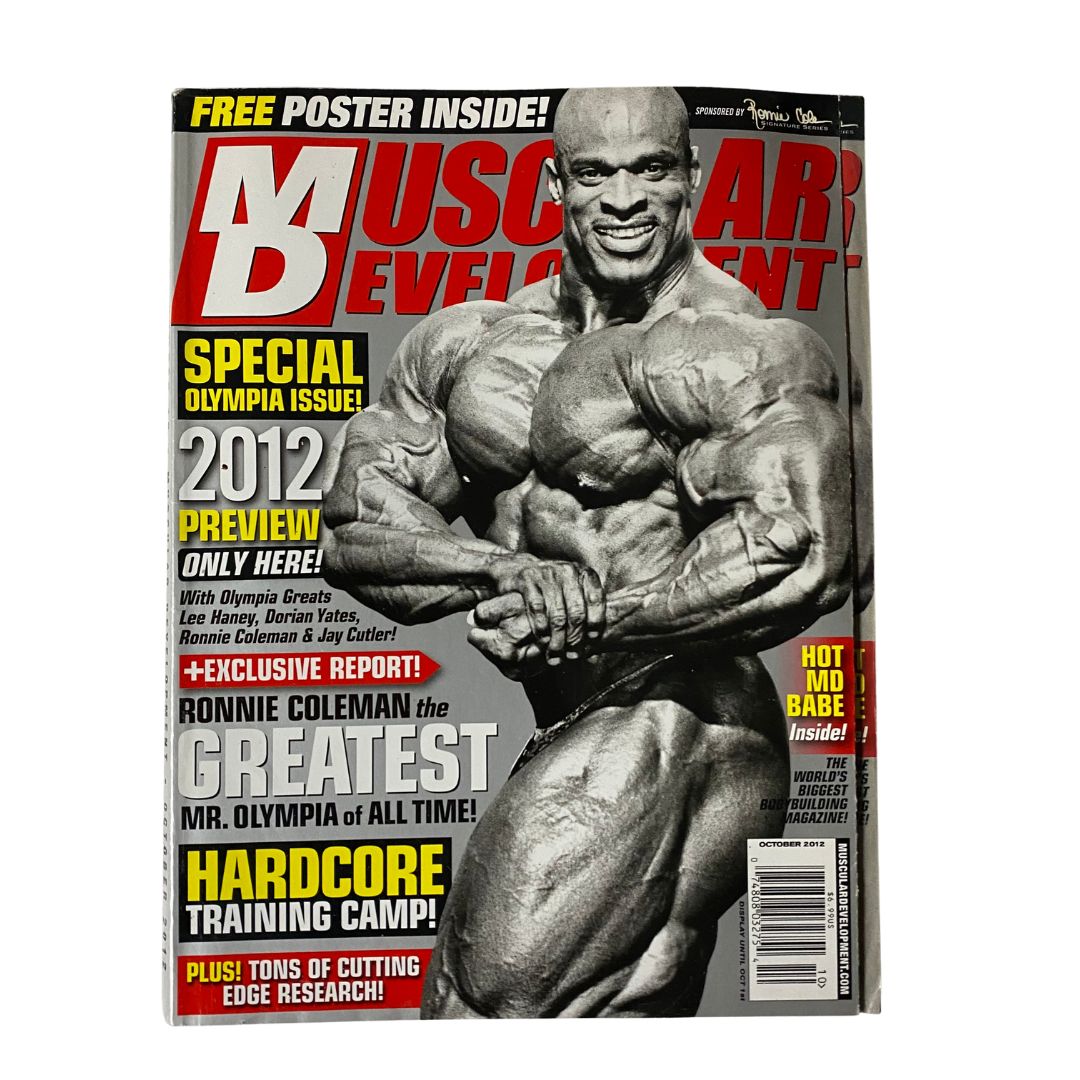Muscular Development Magazine October 2012 featuring Ronnie Coleman on the cover, showcasing a special Olympia issue with highlights from the bodybuilding community.