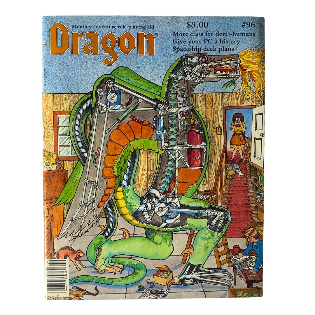 Cover of VTG Dragon Magazine April 1985 #96 featuring an intricate illustration by Jack Crane depicting a mechanical dragon in a whimsical interior setting.
