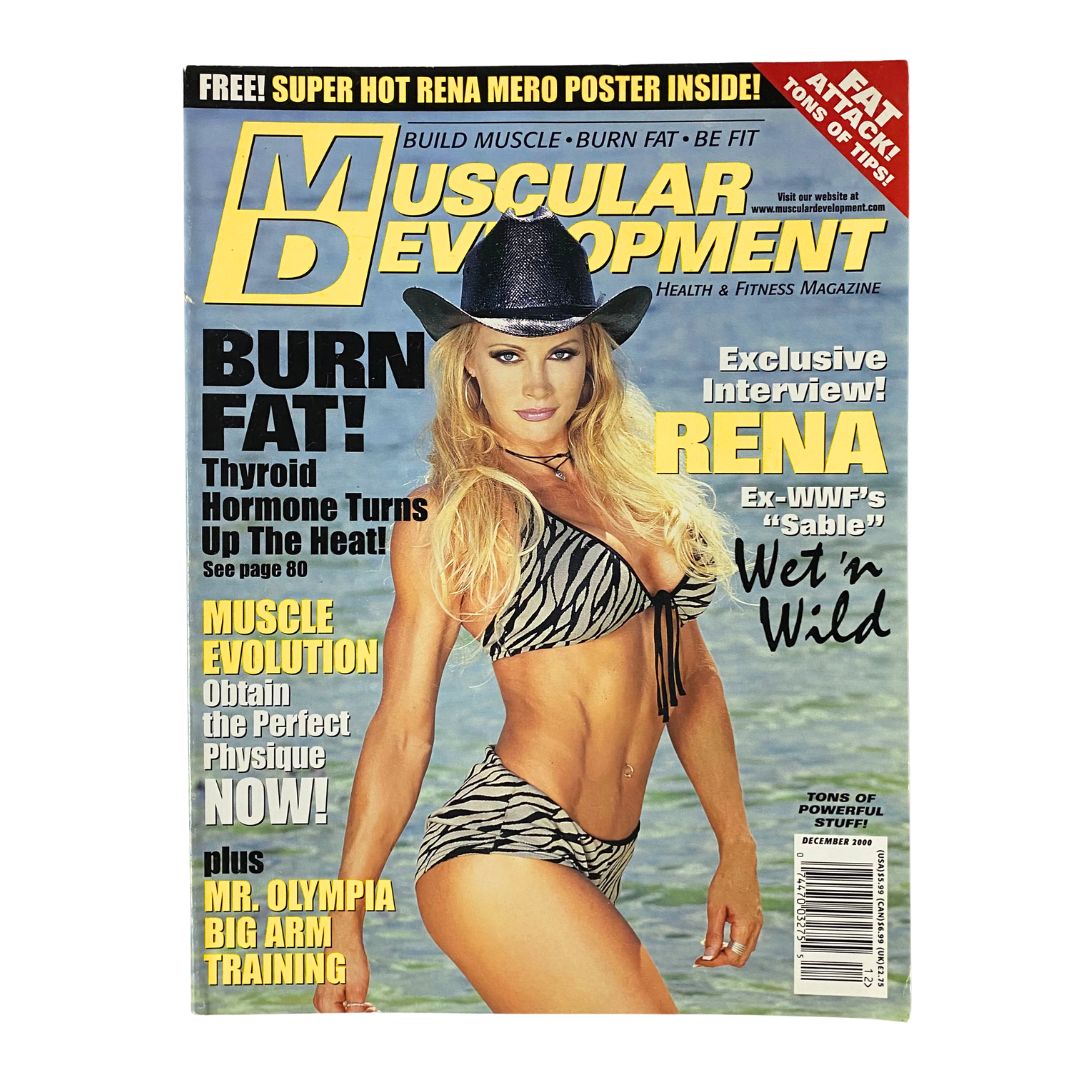 Muscular Development Magazine December 2000 cover featuring Rena Mero, showcasing her in a stylish swimsuit, promoting fitness culture and bodybuilding.