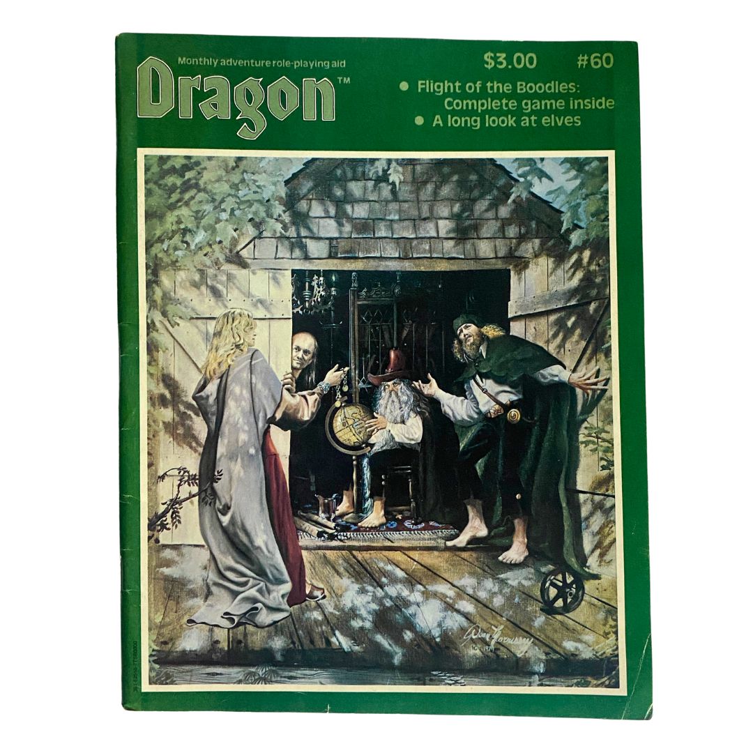 VTG Dragon Magazine April 1982 #60 Flight of The Boodles cover art featuring a fantasy scene with characters interacting, highlighting its role as a vintage collectible in gaming culture.
