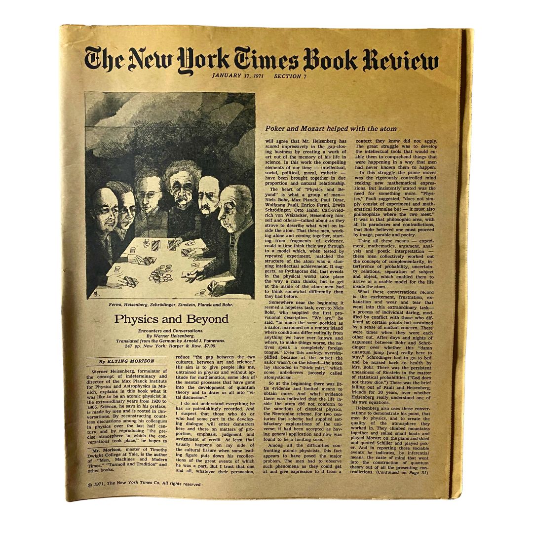 The New York Times Book Review January 17, 1971 featuring an illustration of prominent physicists discussing topics related to poker and Mozart.