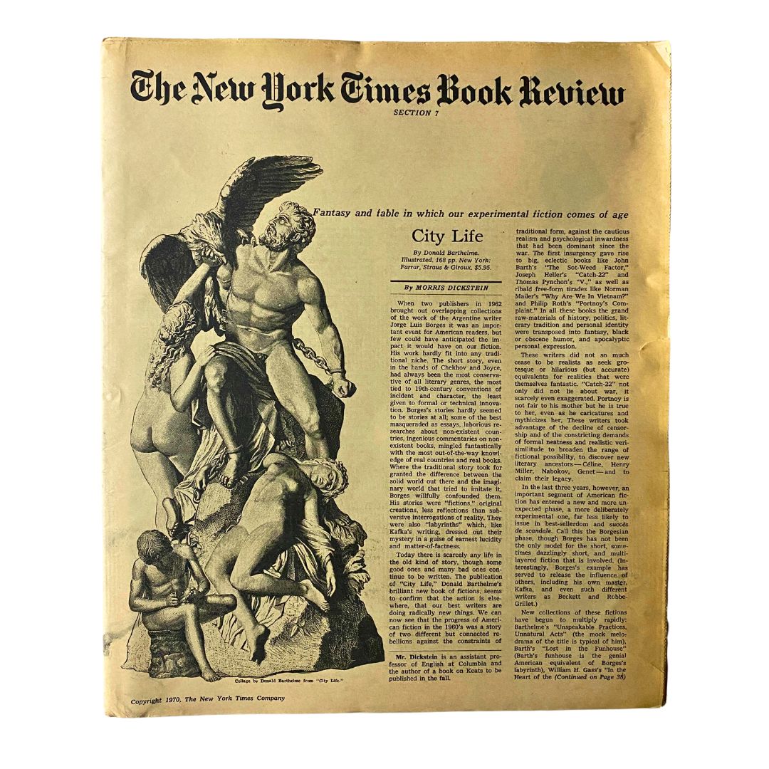 Cover of The New York Times Book Review 1970 City Life by Donald Barthelme featuring an artistic illustration and article header.