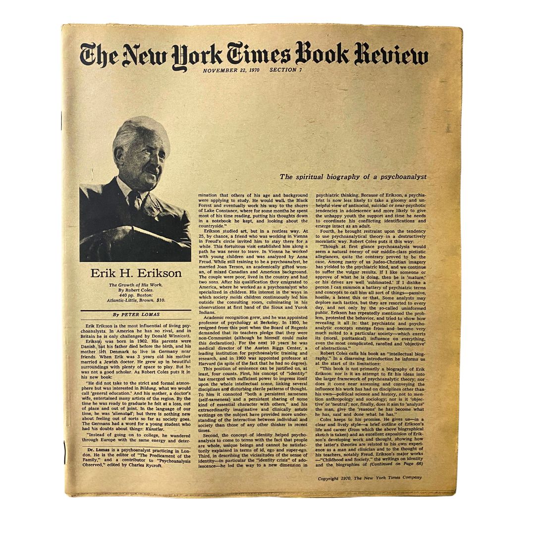 Cover of The New York Times Book Review, November 22, 1970, featuring Erik H. Erikson discussing his work and contributions to psychology.