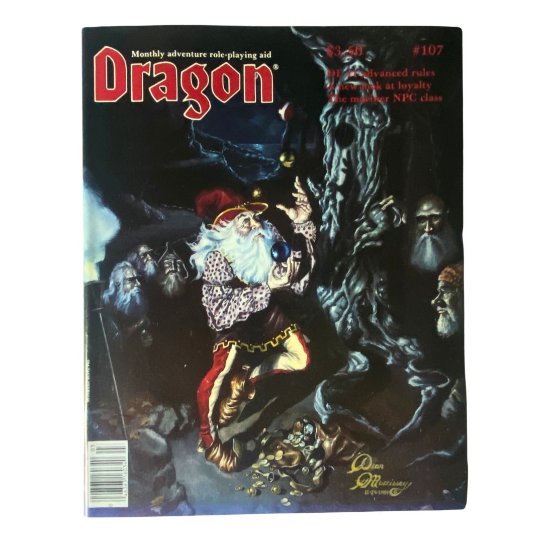 Cover of VTG Dragon Magazine March 1986 #107 featuring Gargoth Disguised, showcasing a fantasy scene with a wizard holding a blue orb, surrounded by mysterious characters and treasures, representing vintage tabletop gaming history.