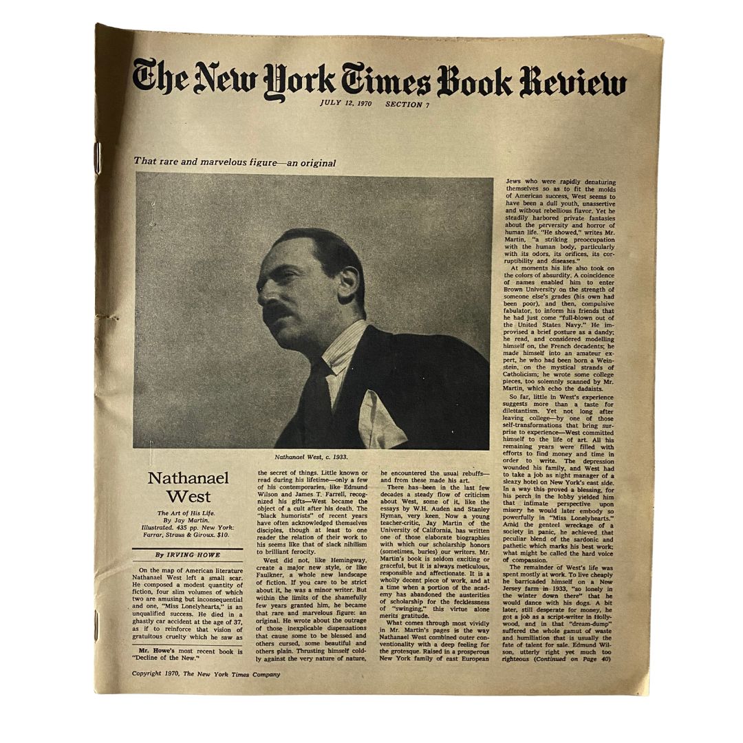 The New York Times Book Review July 12 1970 featuring a portrait of Nathanael West, highlighting his significance in literature with an article discussing his life and work.