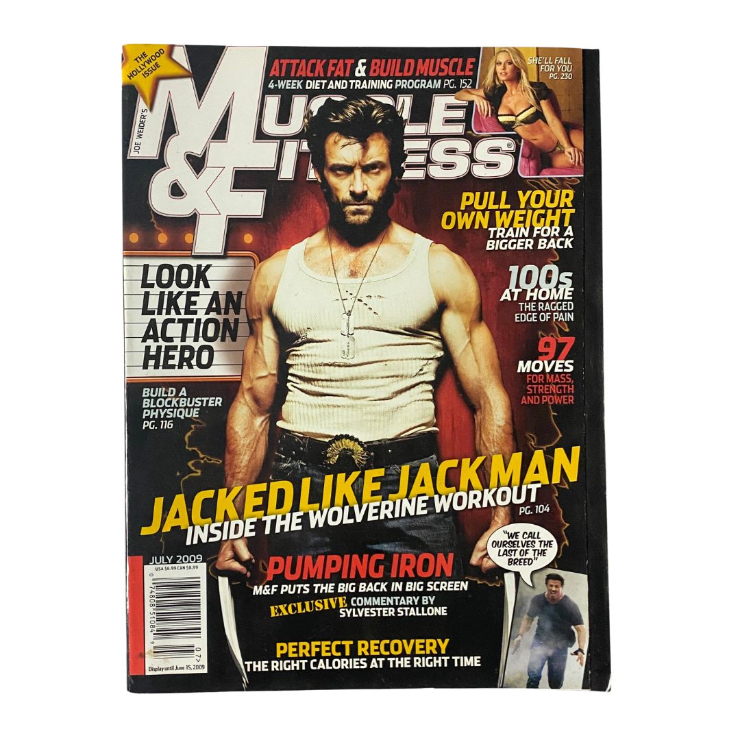 Cover of Muscle & Fitness Magazine July 2009 featuring Hugh Jackman, showcasing workout tips and fitness insights, with the tagline 'Jacked Like Jackman'.