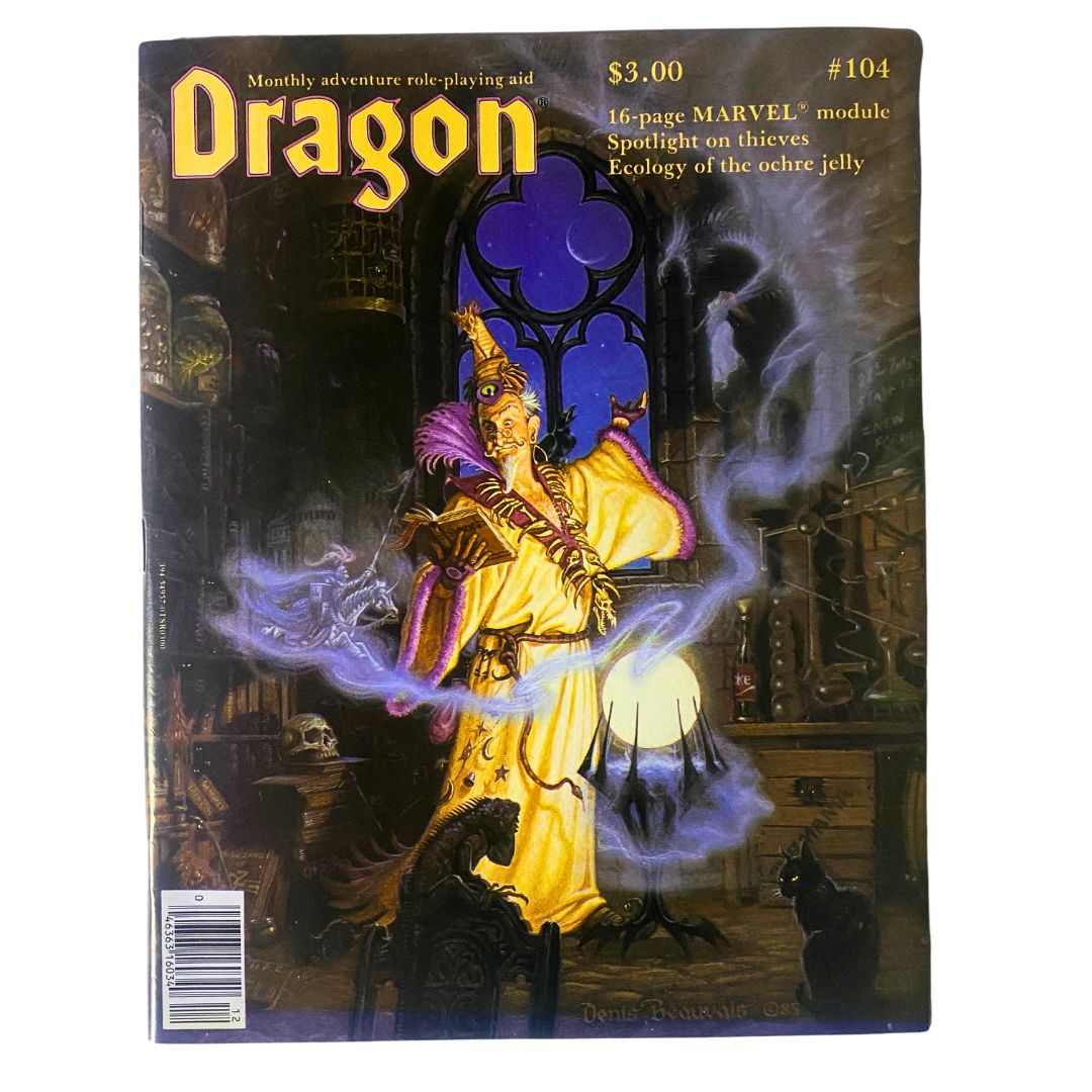 Cover of VTG Dragon Magazine December 1985 #104 showcasing a mystical scene with a wizard, themed around 'Spinning Tales', a collectible vintage for Dungeons & Dragons enthusiasts.