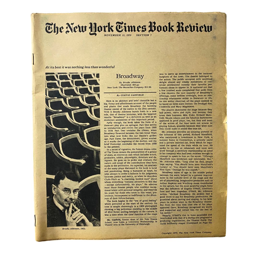 Cover of The New York Times Book Review from November 15, 1970, featuring an article on Broadway by Brooks Atkinson and showcasing vintage design.