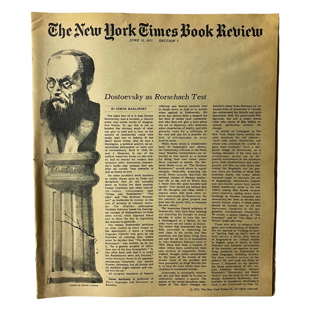 The New York Times Book Review June 13, 1971 features an article titled 'Dostoevsky as Rorschach Test' by Simon Karlinsky, accompanied by an illustration of Fyodor Dostoevsky with a literary critique on the significance of his works.