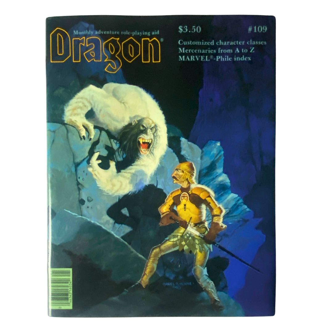 Cover of VTG Dragon Magazine May 1986 #109 featuring the cover story 'Attack of The Taer', showcasing a dramatic illustration of a knight facing a fierce white creature in a fantastical cave setting. The magazine highlights customized character classes and gameplay strategies for role-playing game enthusiasts.