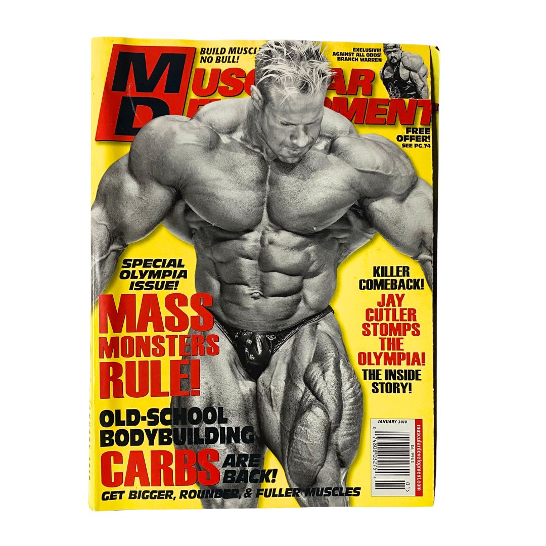 Cover of Muscular Development Magazine January 2010 featuring Jay Cutler, showcasing his impressive physique and the headline 'Jay Cutler Stomps Olympia.'
