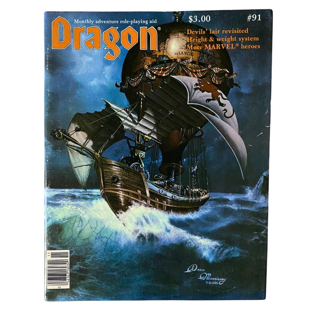 Cover of VTG Dragon Magazine November 1984 #91 featuring stunning artwork by Dean Morrissey, showcasing a ship sailing through turbulent waters.