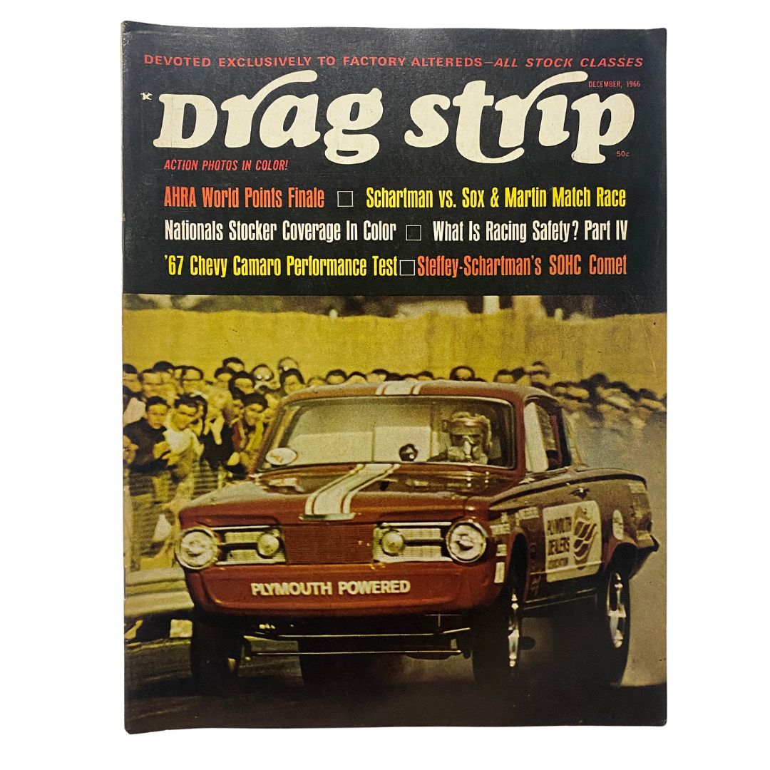 Cover of the December 1966 Drag Strip Magazine featuring the AHRA World Points Finale, showcasing a vintage drag racing scene with a Plymouth-powered vehicle.