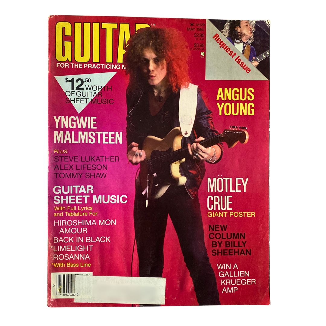 Vintage Guitar Magazine May 1985 featuring Yngwie Malmsteen and Angus Young on the cover with musical sheet music details.
