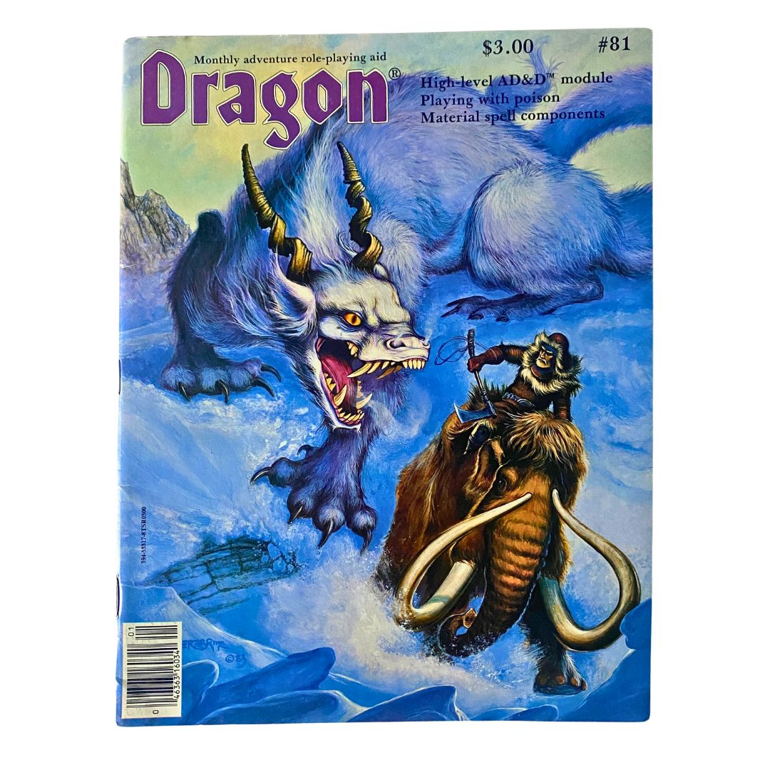 Cover of Dragon Magazine January 1984 Issue #81 featuring a fantastical scene with a monstrous creature and an adventurer on a woolly mammoth.