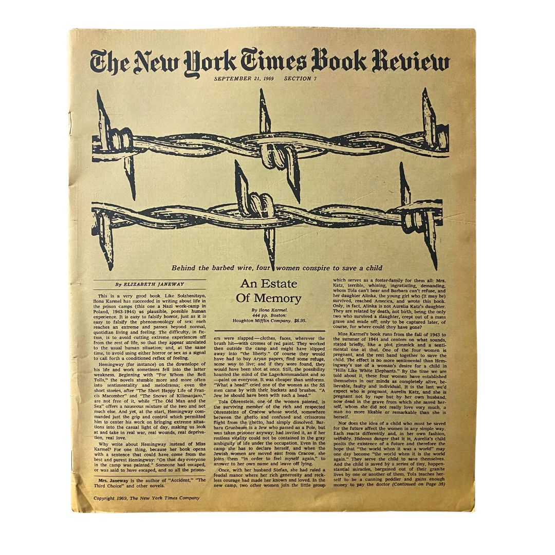The New York Times Book Review September 21 1969 featuring 'An Estate of Memory' article with barbed wire illustration, capturing the literary context of the late 1960s.