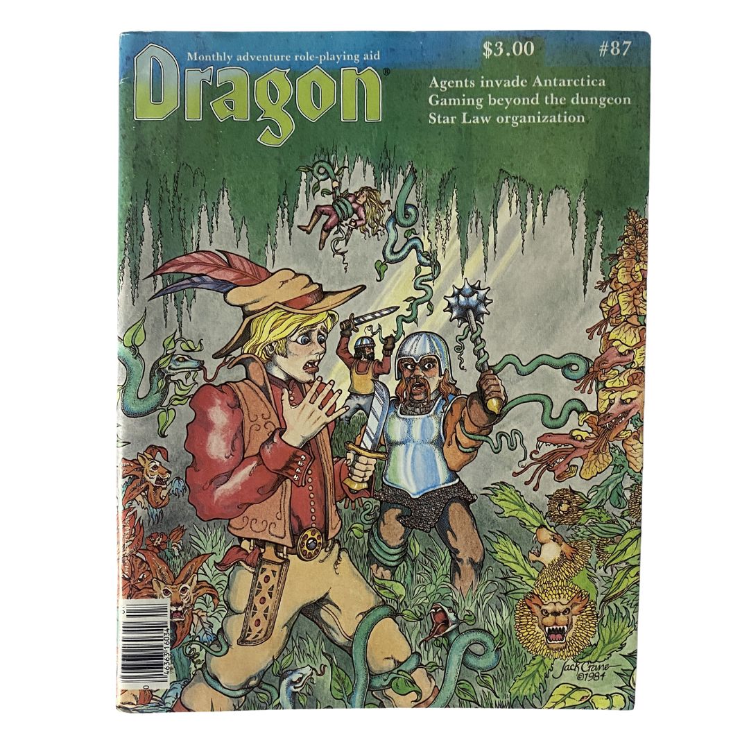 Cover of VTG Dragon Magazine July 1984 #87 featuring the title 'Whiteout: Adventuring in Antarctica' with illustrations of adventurers and creatures.