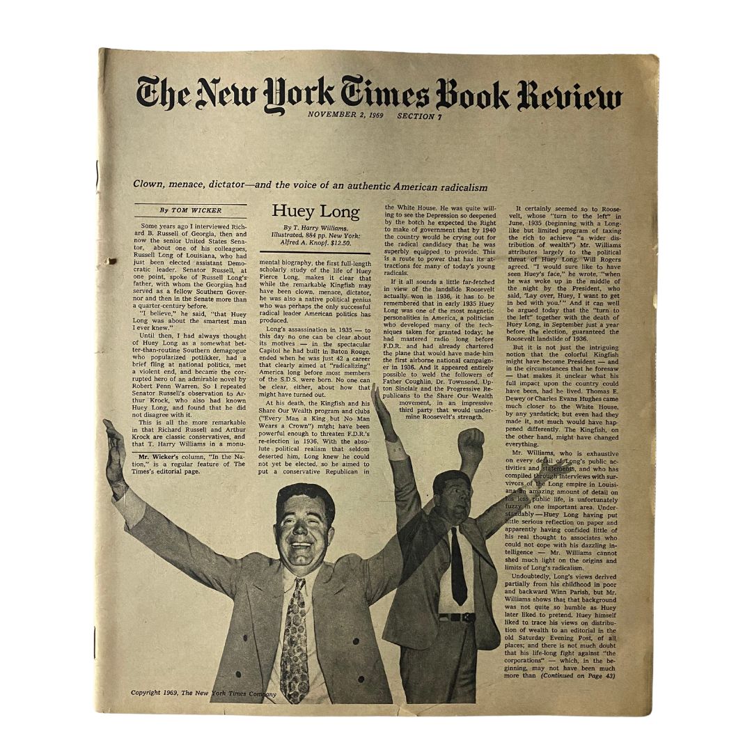 The New York Times Book Review November 2 1969 featuring an article on Huey Long, showcasing historical significance and vintage print journalism.