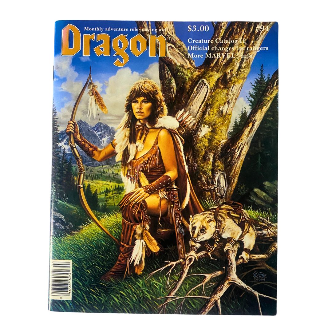 Cover of VTG Dragon Magazine February 1985 #94 featuring stunning artwork by Clyde Caldwell, depicting a fantasy scene with a female archer in a wilderness setting.
