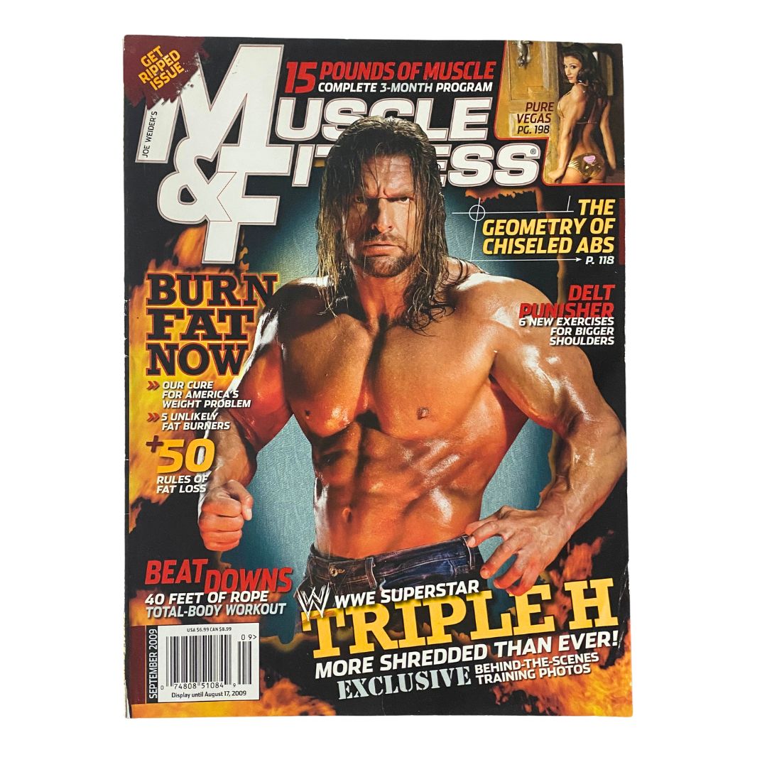 Muscle & Fitness Magazine featuring WWE Superstar Triple H on the cover, September 2009 issue, showcasing fitness tips and wrestling culture.