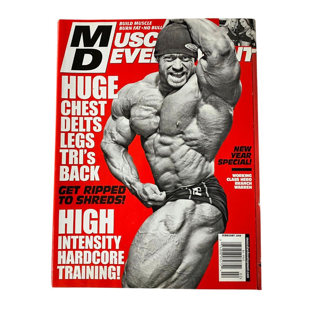 Cover of Muscular Development Magazine February 2010 featuring Branch Warren, showcasing a muscular physique with a red background and bold text emphasizing fitness and bodybuilding topics.