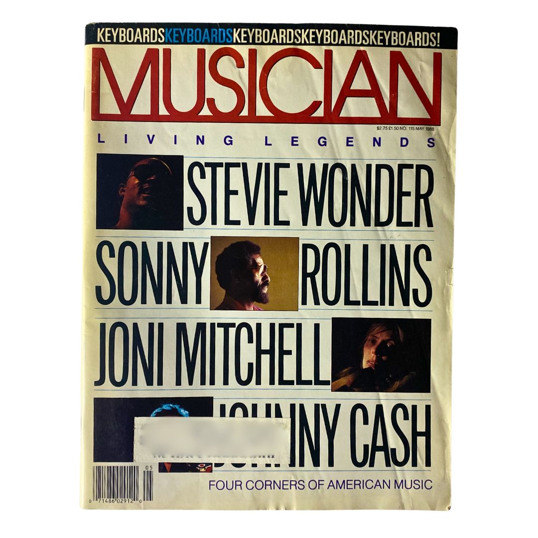 Cover of VTG Musician Magazine May 1988 No. 115 featuring legends Stevie Wonder and Sonny Rollins, showcasing the vibrant music scene of the late 80s.