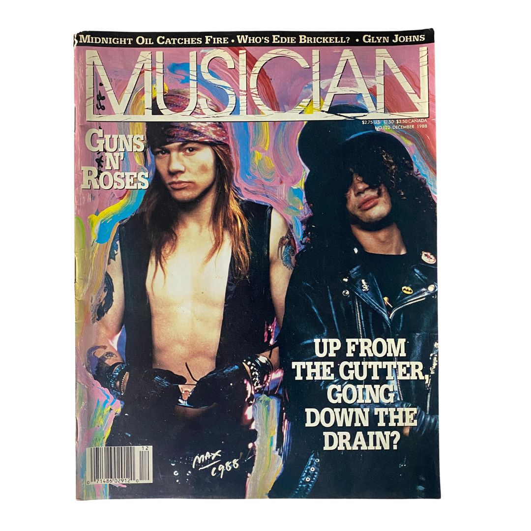 VTG Musician Magazine December 1988 featuring Guns N' Roses on the cover. The iconic magazine showcases band members with vibrant colors and graphics typical of the late 80s rock scene.