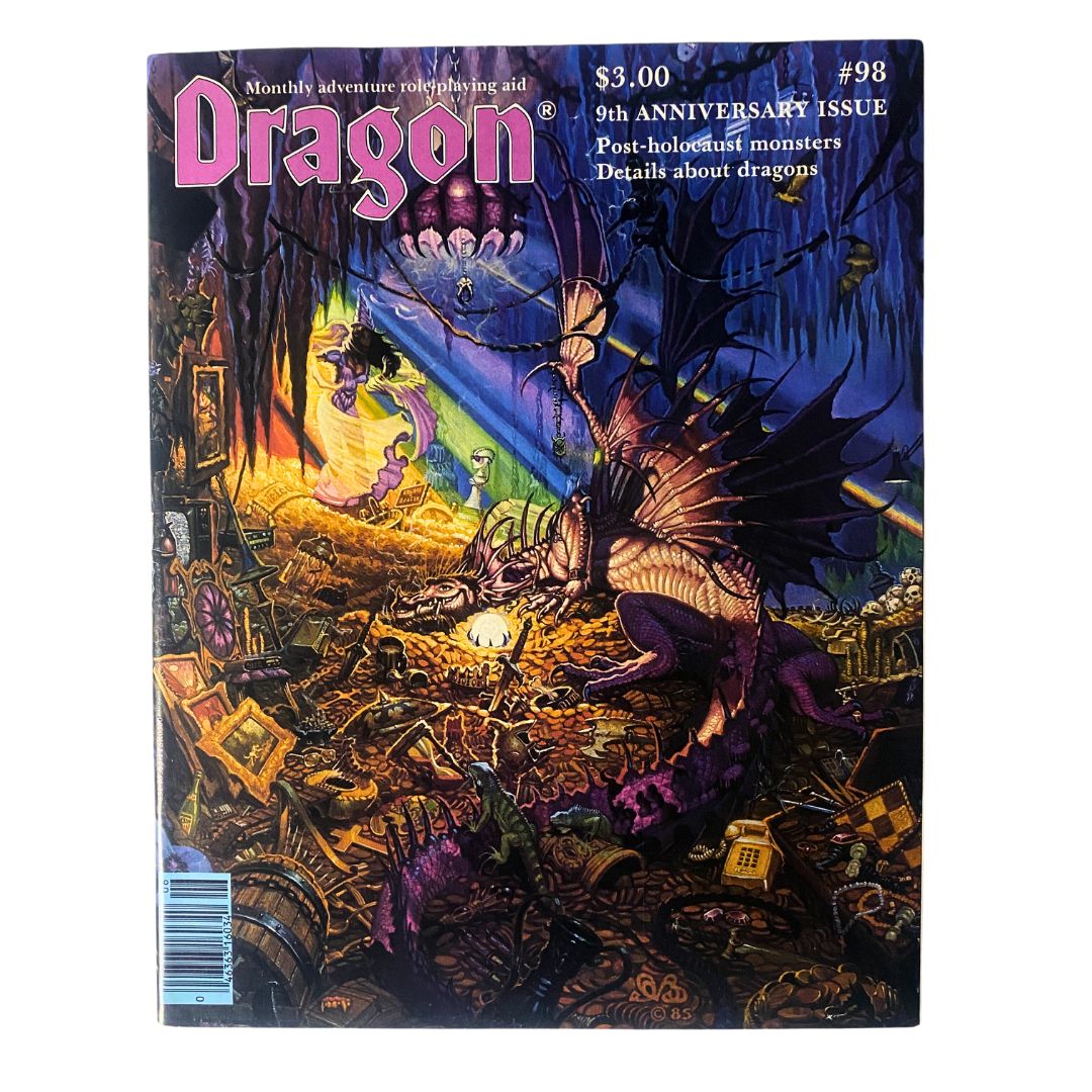 Cover of VTG Dragon Magazine June 1985 #98 featuring stunning artwork by Denis Beauvais, showcasing a dragon in a treasure hoard. This vintage issue is a collector's item for tabletop gaming enthusiasts.