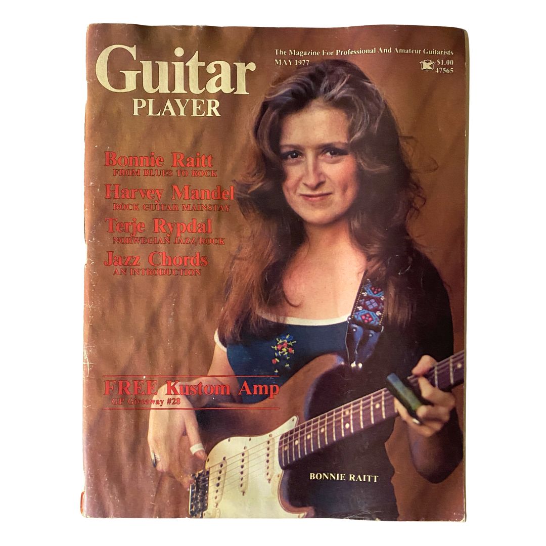 VTG Guitar Player Magazine May 1977 cover featuring Bonnie Raitt, Harvey Mandel, and Terje Rypdal, highlighting music articles and guitar culture of the late 1970s.