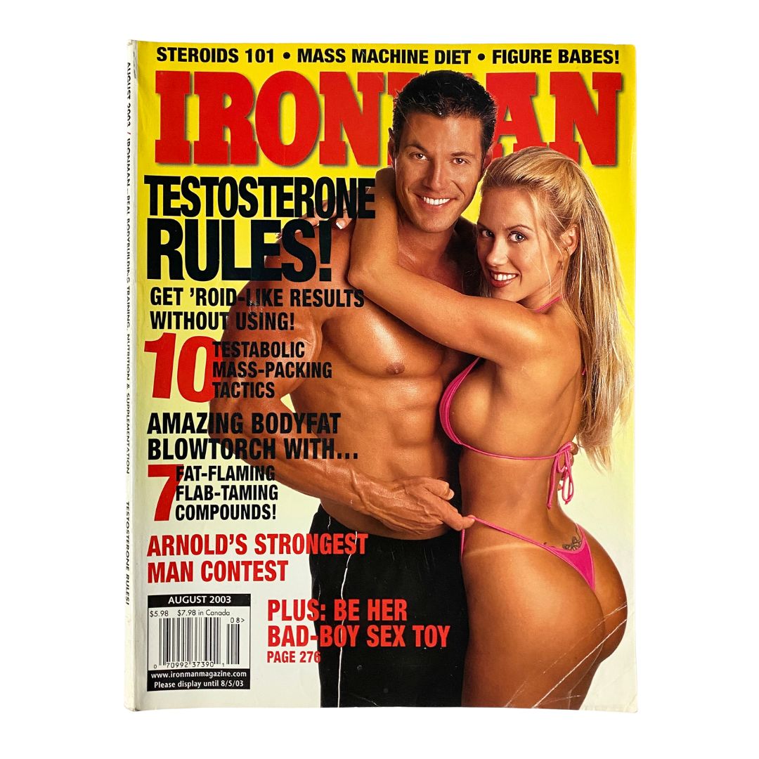 Cover of Iron Man Magazine, August 2003 featuring Christian Boeving and Frostee Moore. The magazine highlights topics such as testosterone, bodybuilding tactics, and fitness strategies. A must-read for bodybuilding enthusiasts.