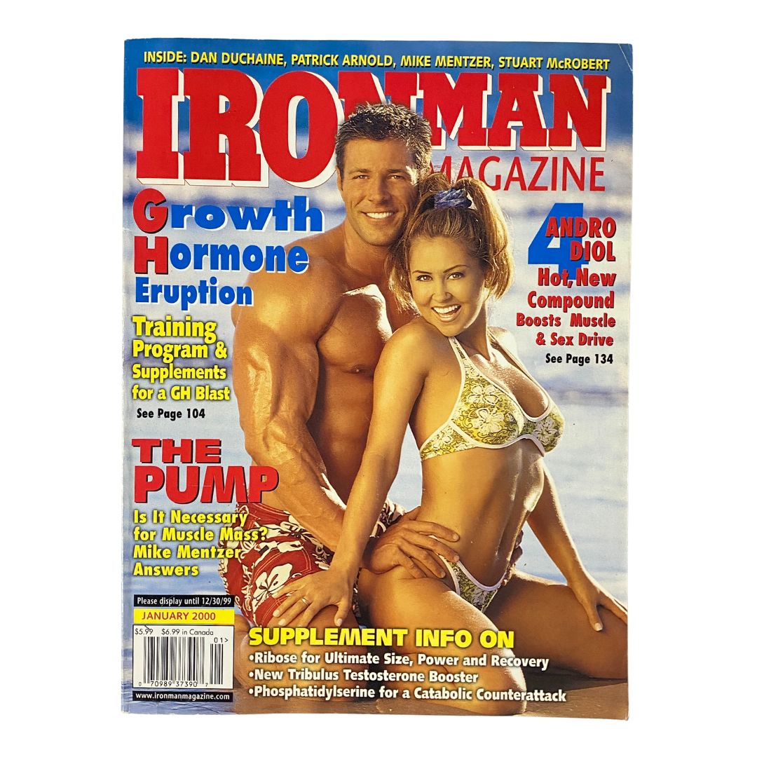 Cover of Iron Man Magazine January 2000 featuring Christian Boeving and Angelique Gorges, highlighting fitness culture and bodybuilding trends of the early 2000s.