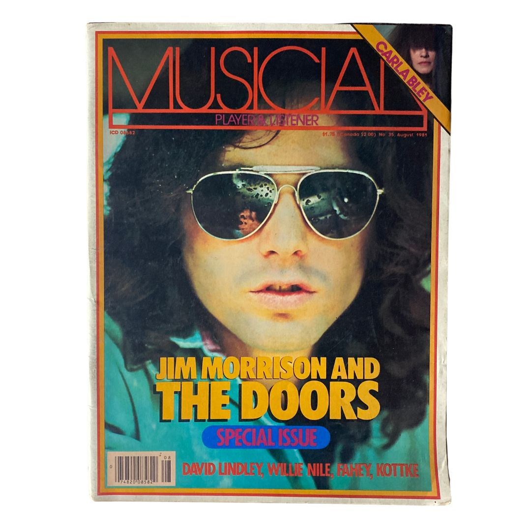 VTG Musician Magazine August 1981 No. 35 featuring Jim Morrison on the cover, showcasing the iconic rock star in sunglasses with bold text highlighting The Doors and special issue details.