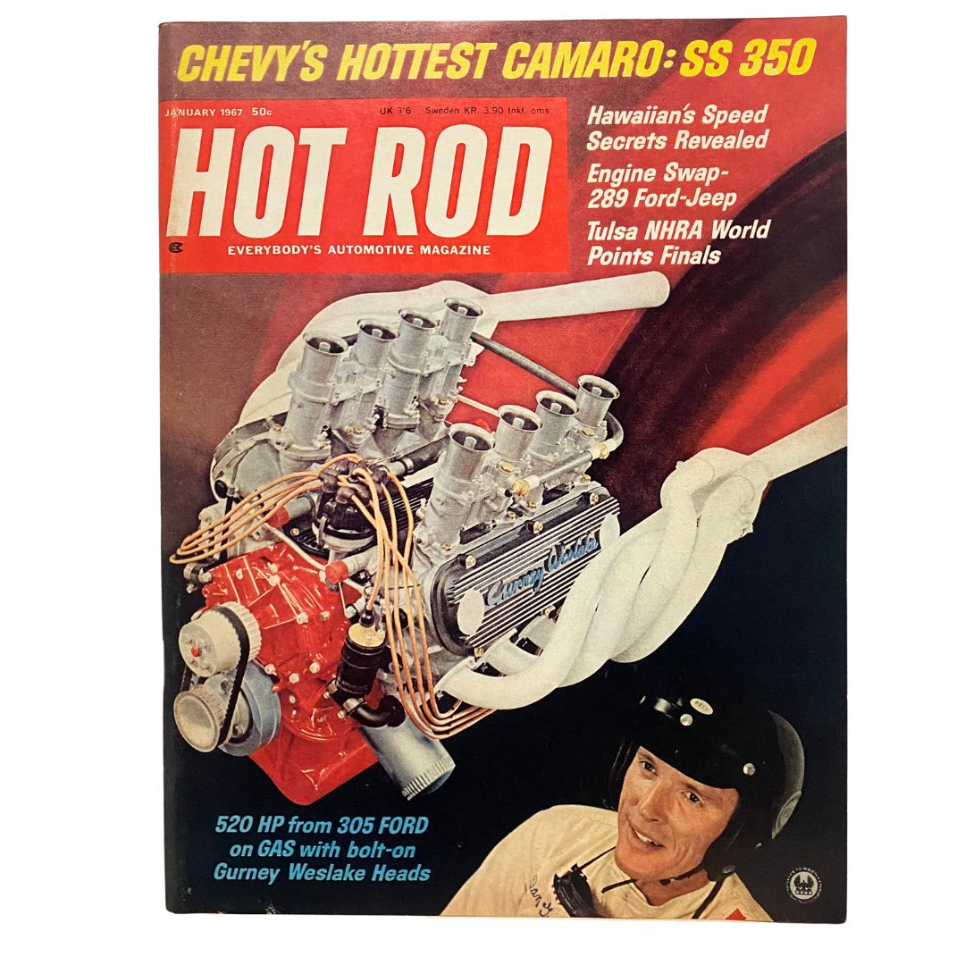 VTG Hot Rod Magazine January 1967 cover featuring Bolt-On Gurney Weslake Heads and highlights on Chevrolet Camaro, showcasing impactful automotive design and technology.
