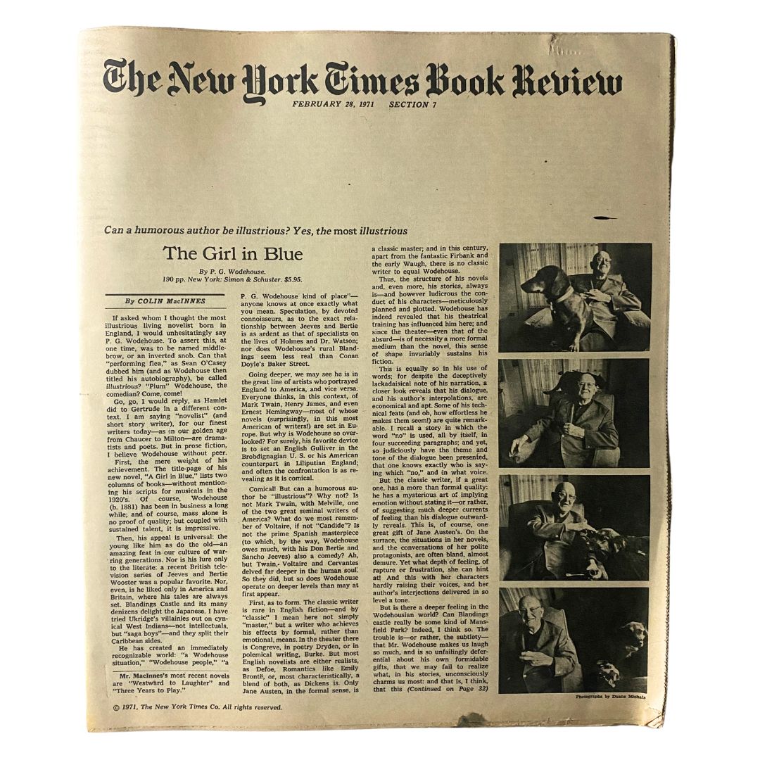 The New York Times Book Review February 28 1971 featuring The Girl in Blue article by Colin McInnes, showcasing literary critiques and illustrations.