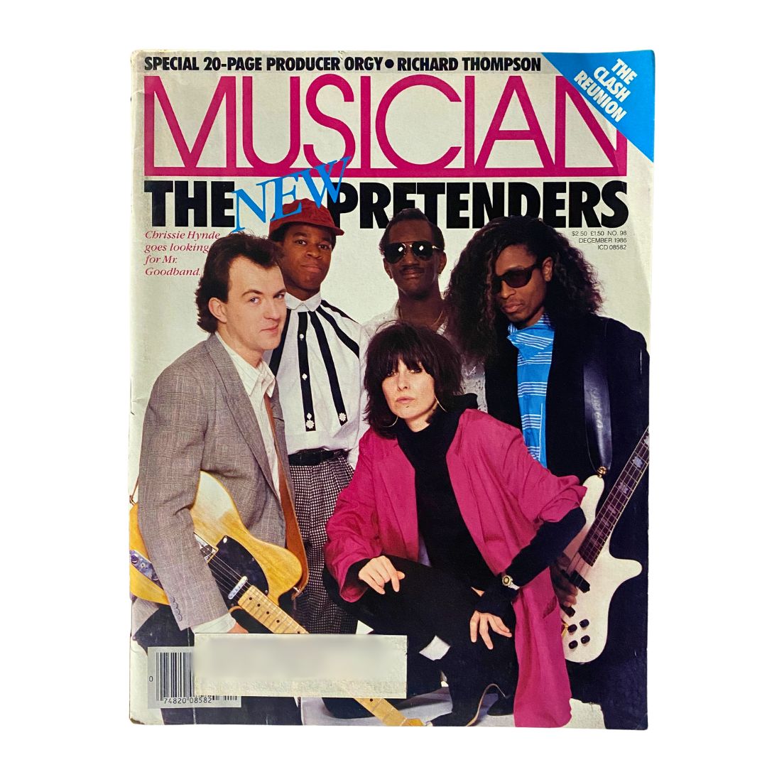 VTG Musician Magazine December 1986 cover featuring The Pretenders with Chrissie Hynde in a group photo, highlighting the iconic band of the 1980s.