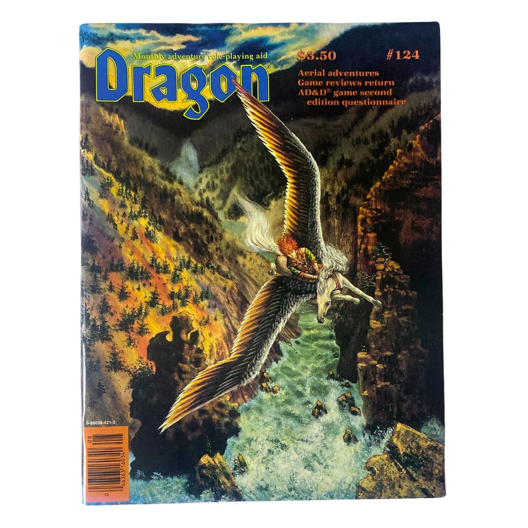 Front cover of VTG Dragon Magazine August 1987 #124 featuring artwork by Teanna Byerts, showcasing a fantastical scene with a character riding a griffon over a mountainous landscape.