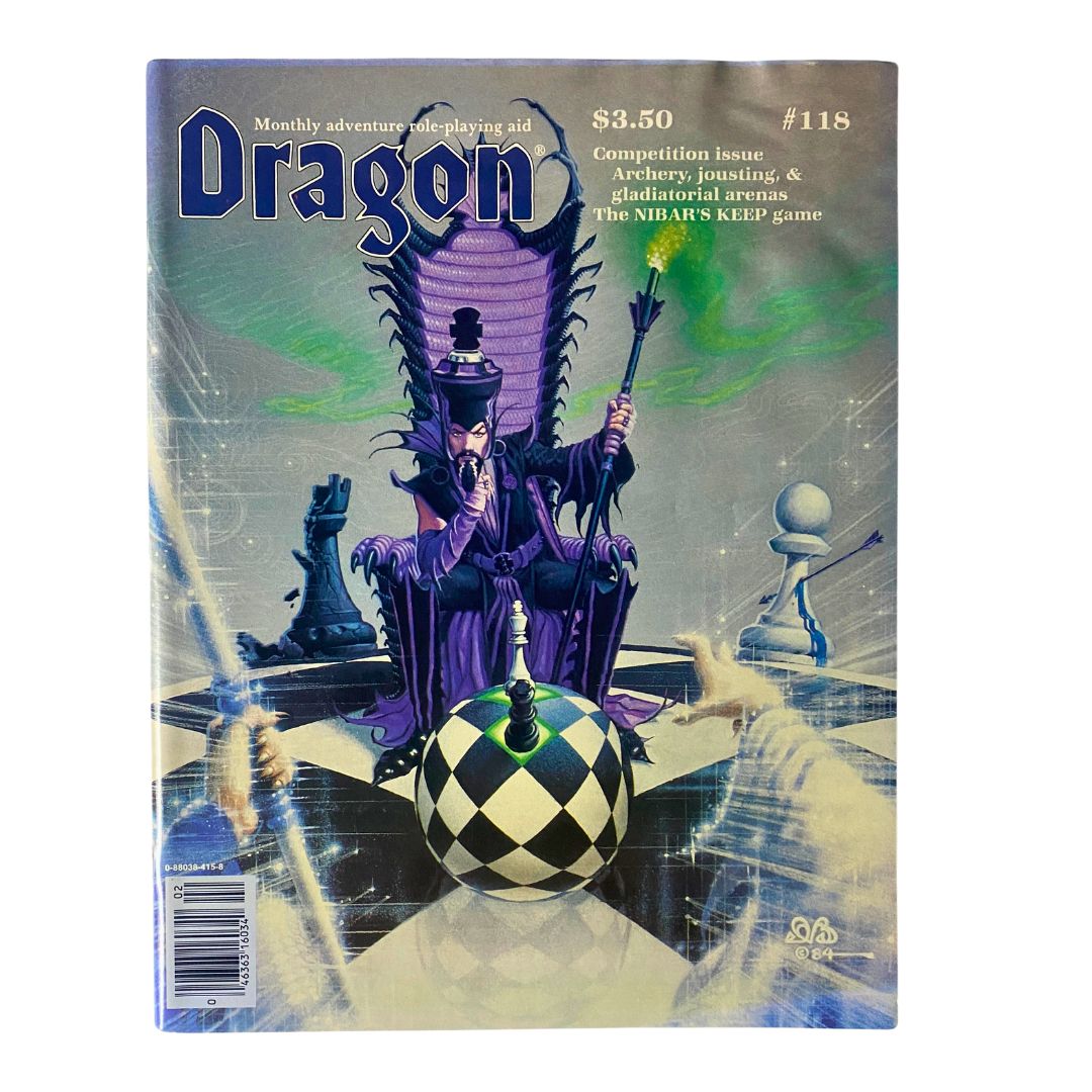 Cover of VTG Dragon Magazine February 1987 No. 118 featuring the artwork 'The Draw' by Denis Beauvais, showcasing a fantasy theme with a dramatic chess scene.