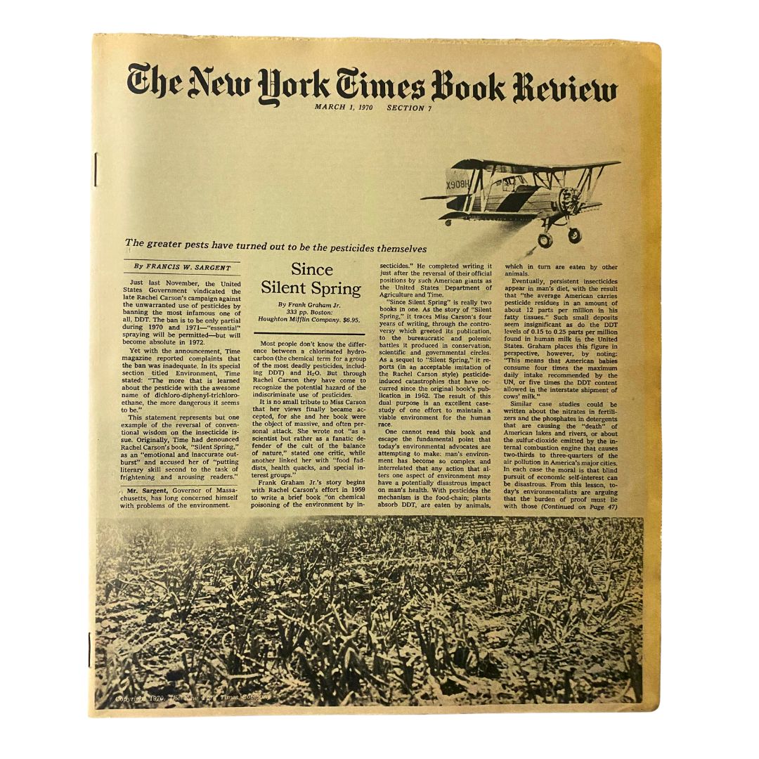 Front page of The New York Times Book Review, March 1, 1970, featuring the article 'Since Silent Spring' by Francis W. Sargent, discussing the impact of pesticides on the environment.