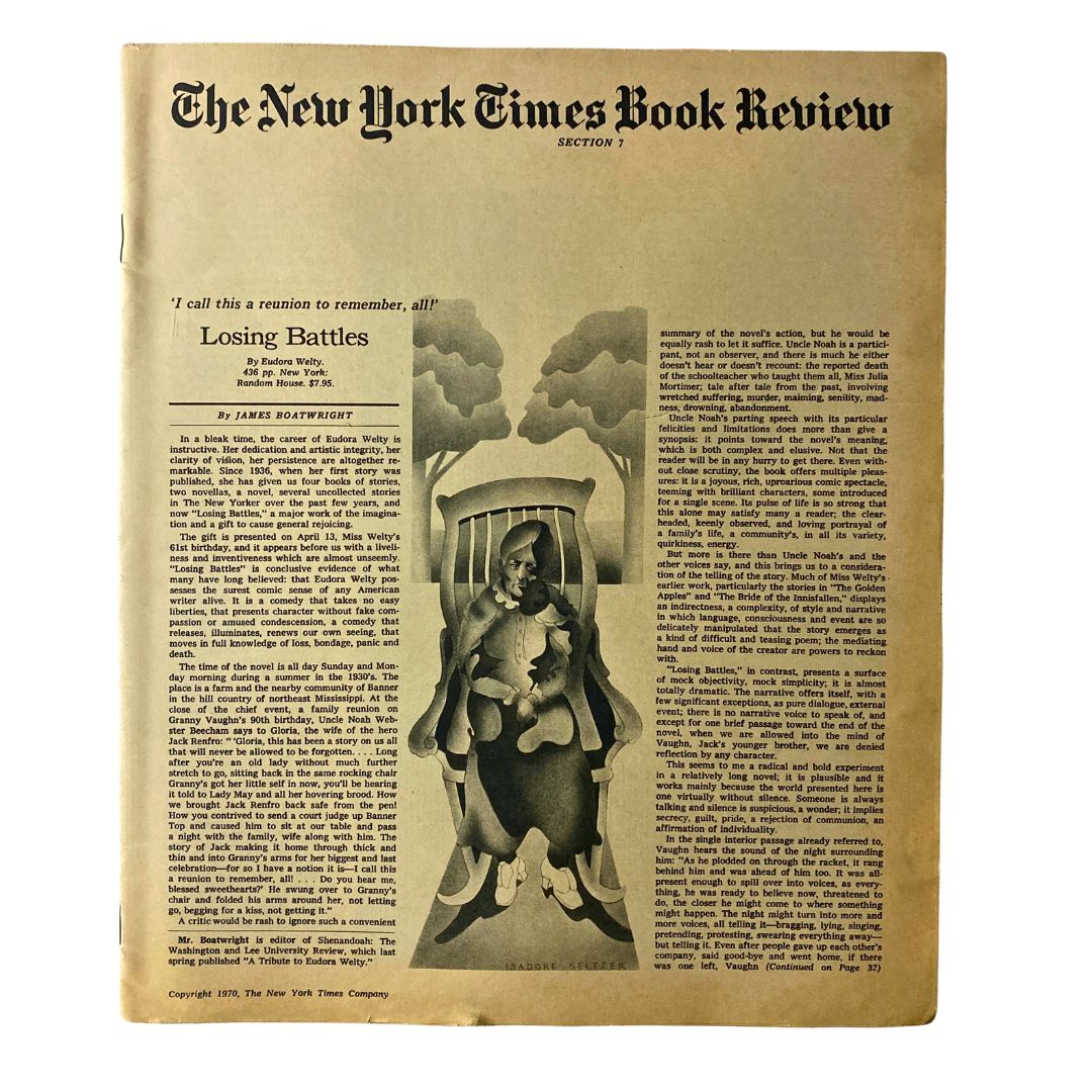 The New York Times Book Review 1970 featuring the article 'Losing Battles' by James Worthy. A vintage magazine showcasing a nostalgic design and layout for collectors and literature enthusiasts.